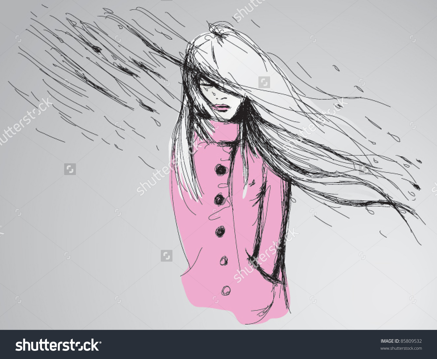 1500x1233 Sad Girl In Rain With Umbrella Sketch