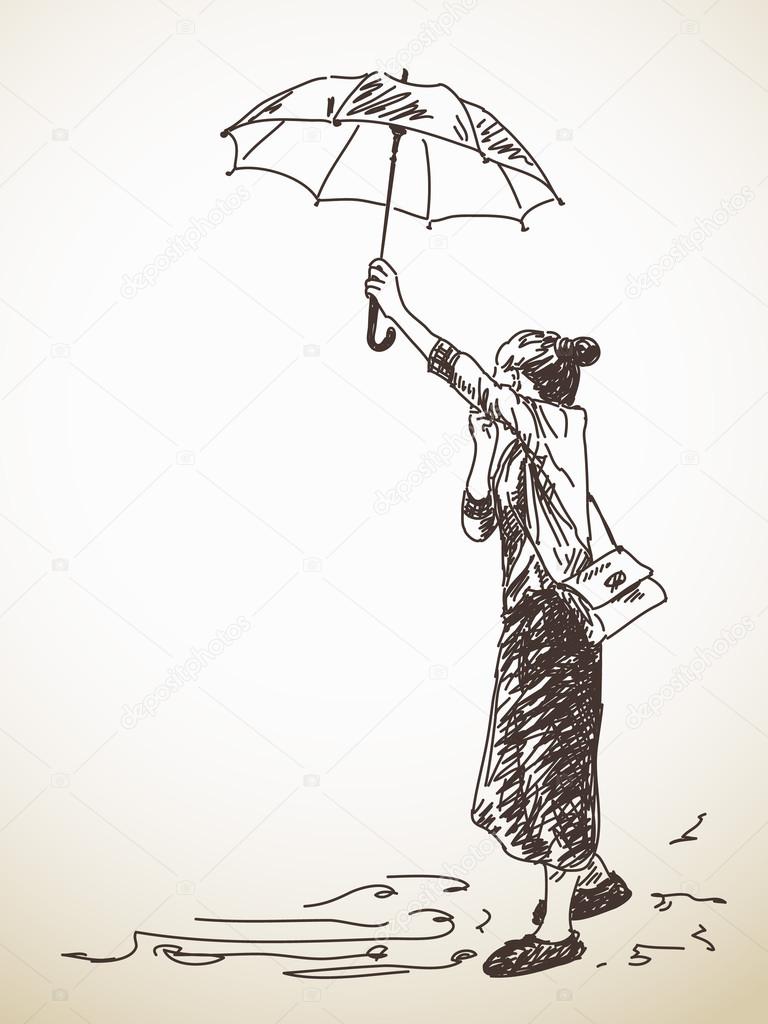 768x1024 Sketch Of Girl With Umbrella Stock Vector Olgatropinina