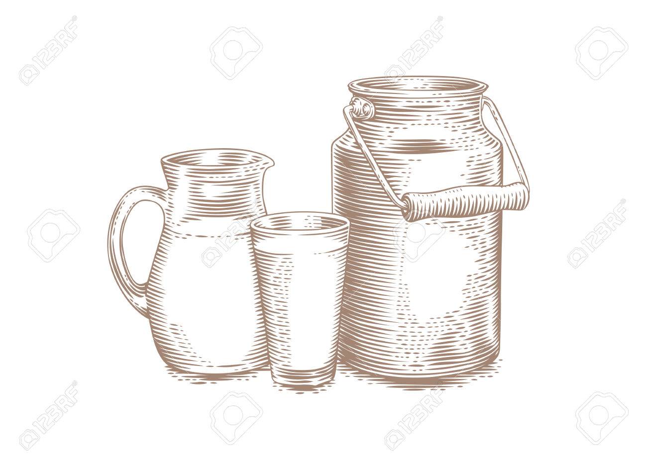 1300x919 Drawing Of Milk Can, Jug And Glass Of Milk On The White Royalty