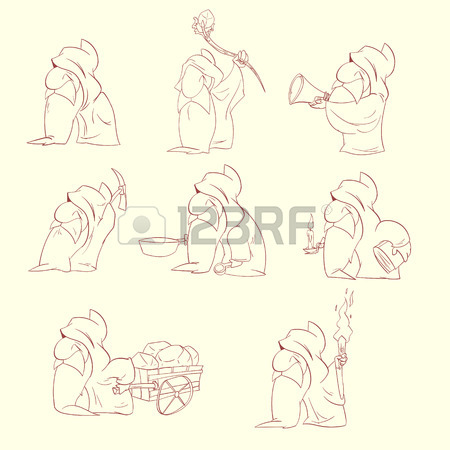 450x450 Vector Dwarfs, Gnomes Or Christmas Elfs Outline Drawing