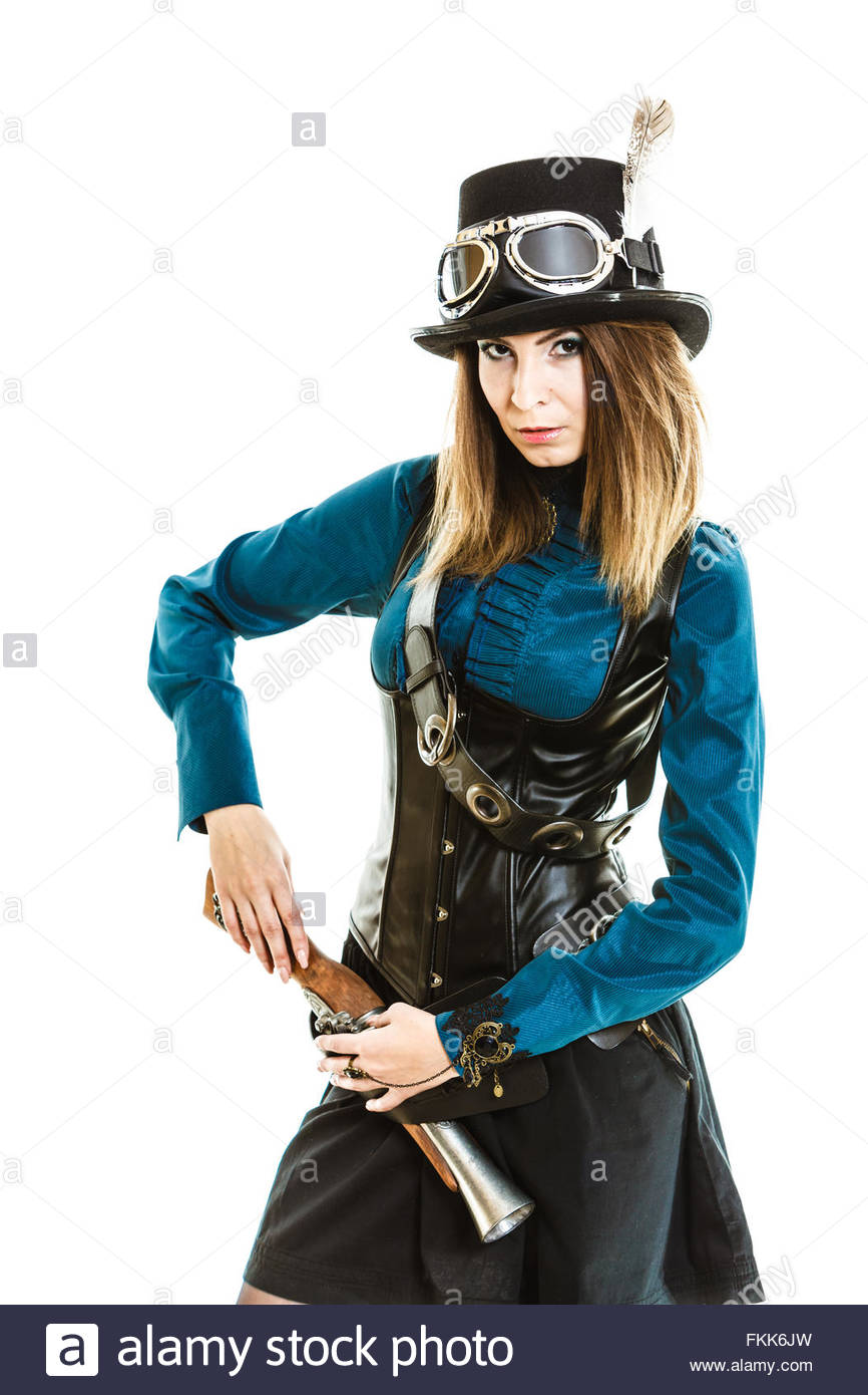 866x1390 Young Steampunk Isolated Girl On White Wearing Fancy Hat. Fantasy