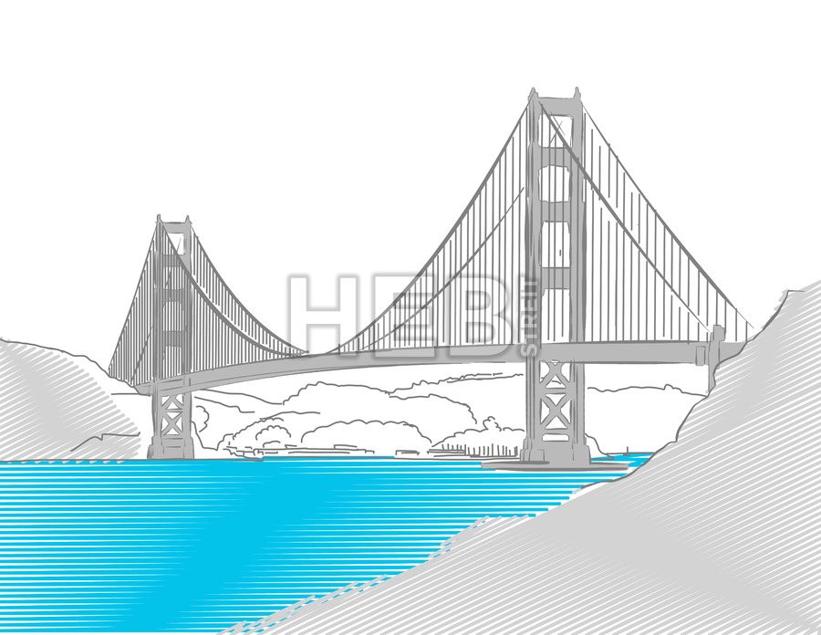 900x696 Golden Gate Bridge, San Francisco, Colored Sketch Hebstreits