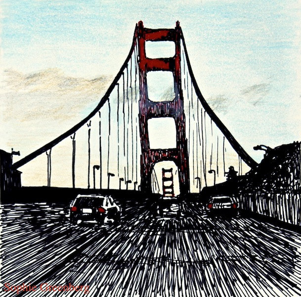 609x600 Poster Print Of Ink And Colored Pencil Drawing Golden Gate Bridge