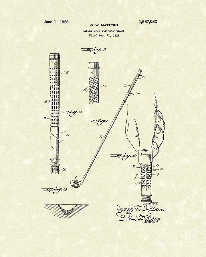 720x900 Golf Club Grip 1926 Patent Art Drawing By Prior Art Design