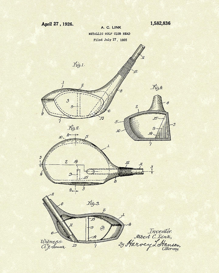 720x900 Metallic Golf Club Head 1926 Patent Art Drawing By Prior Art Design
