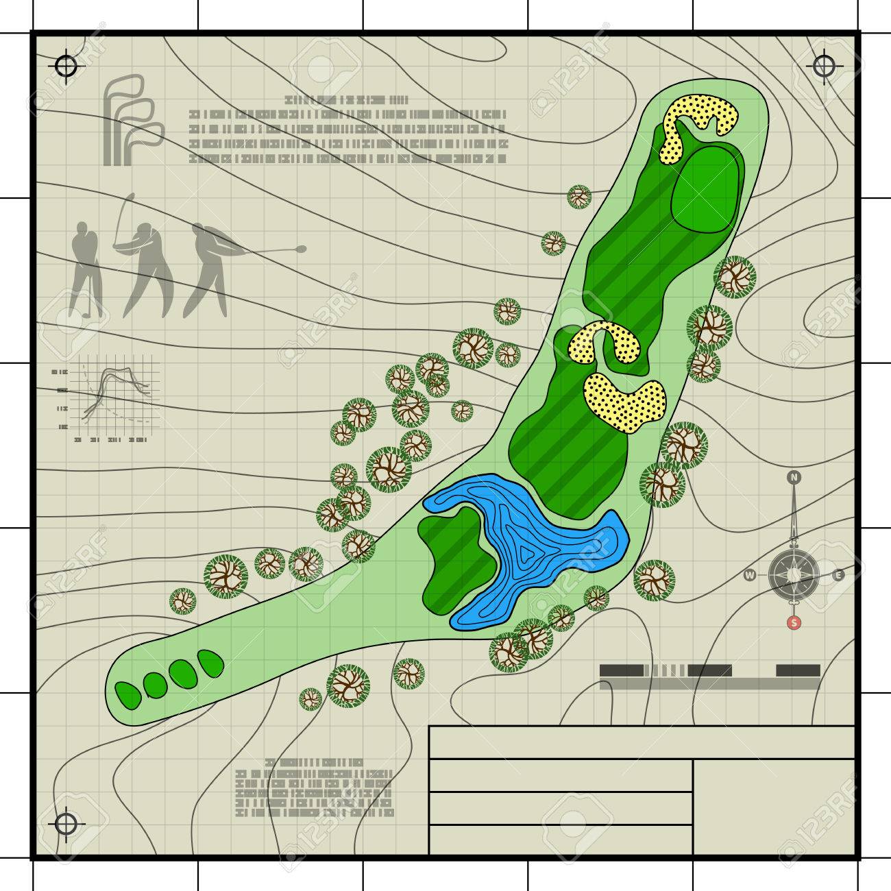 1300x1300 Golf Course Layout. Abstract Design Stylized Blueprint Technical
