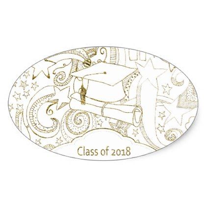 422x422 Drawn Graduation Cap And Diploma, 2018, Gold Oval Sticker Cap