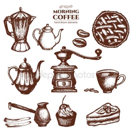 450x450 Vector Sketch Drawing Vintage Coffee Grinder, Ground Coffee