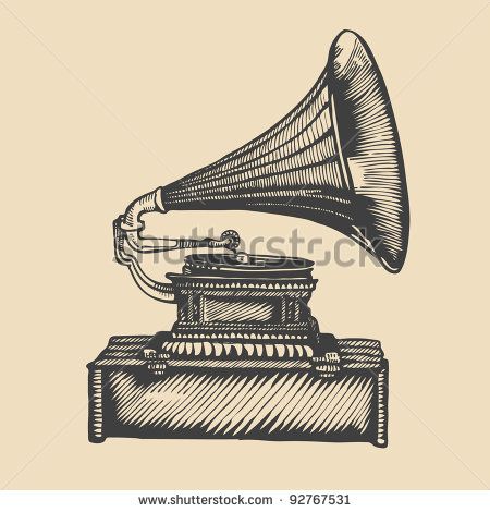 450x470 Gramophone. Hand Drawing. Engraving Style. Vector Illustration