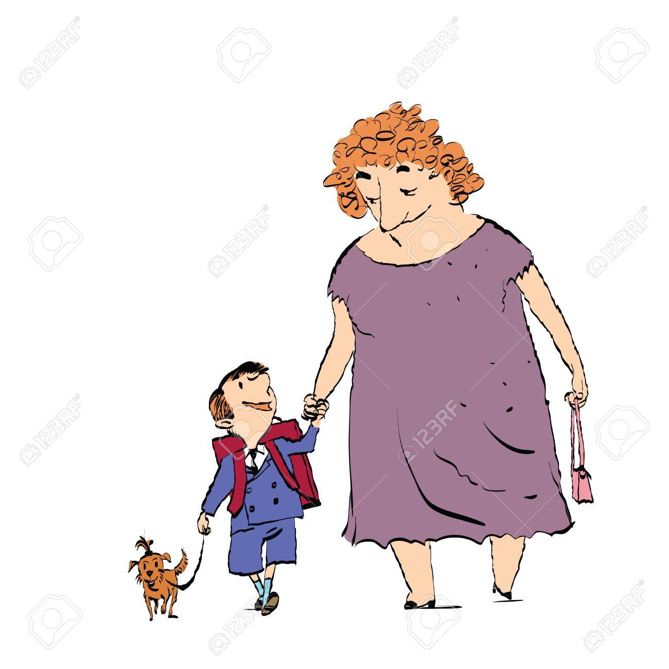 1300x1300 Grandma, Grandson And Dog On A Walk. Color Sketch Drawing.