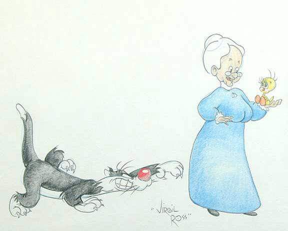 576x461 Virgil Ross Drawing Of Sylvester, Granny And Tweety Bird Warner