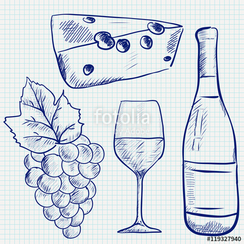 500x500 Wine Set Sketch. Wine Bottle, Glass, Grapes, Cheese. Hand Drawing