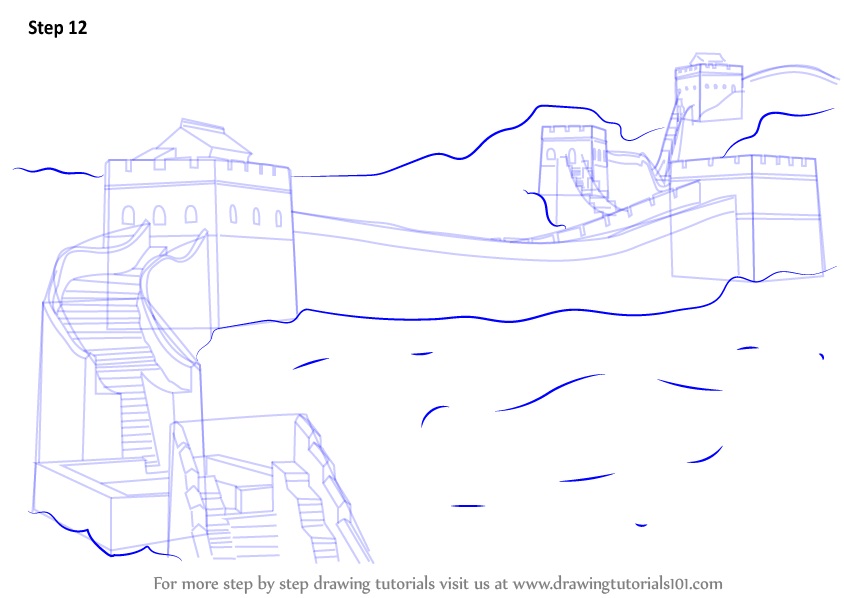 844x598 Learn How To Draw Great Wall Of China (World Heritage Sites) Step