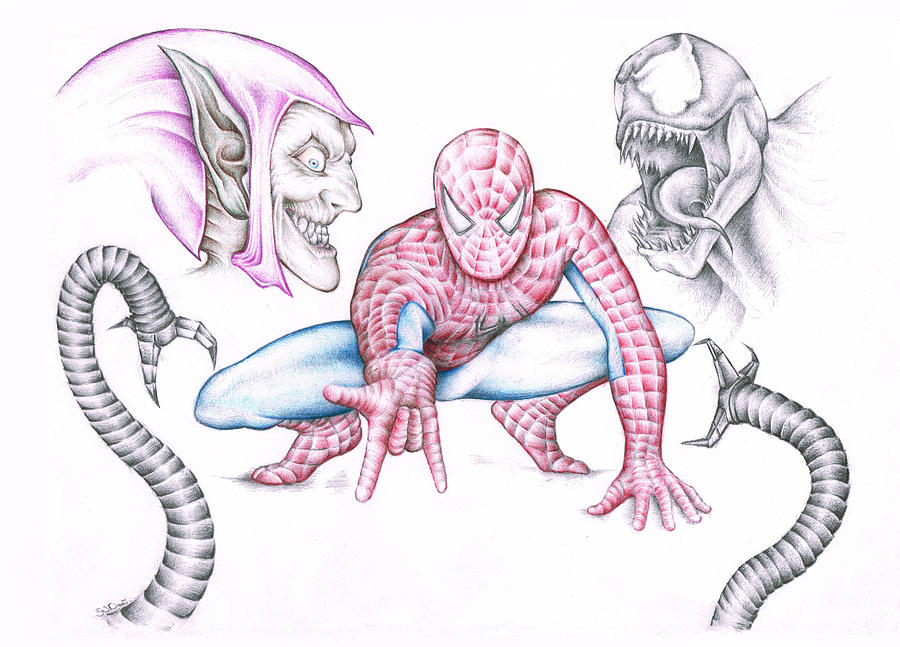 900x647 Marvel Spiderman Green Goblin And Venom Drawing By Steven Davis