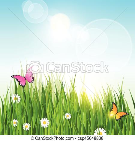 450x470 Spring Landscape Green Grass Blue Sky Land Banner Flat Vectors