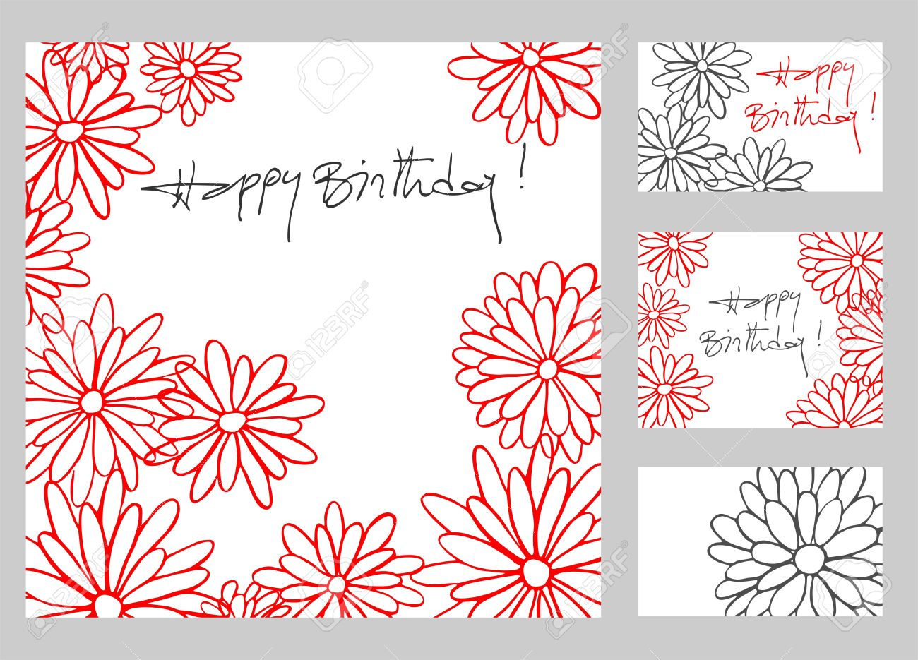 1300x935 Happy Birthday Greetings Cards Set With Hand Drawn Flowers Royalty