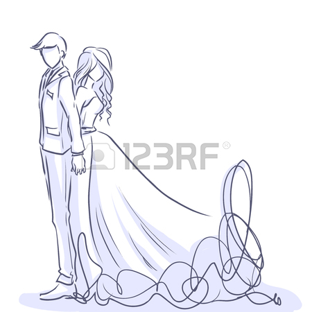 450x450 Art Sketch Of Young Bride And Handsome Groom. Wedding Invitation