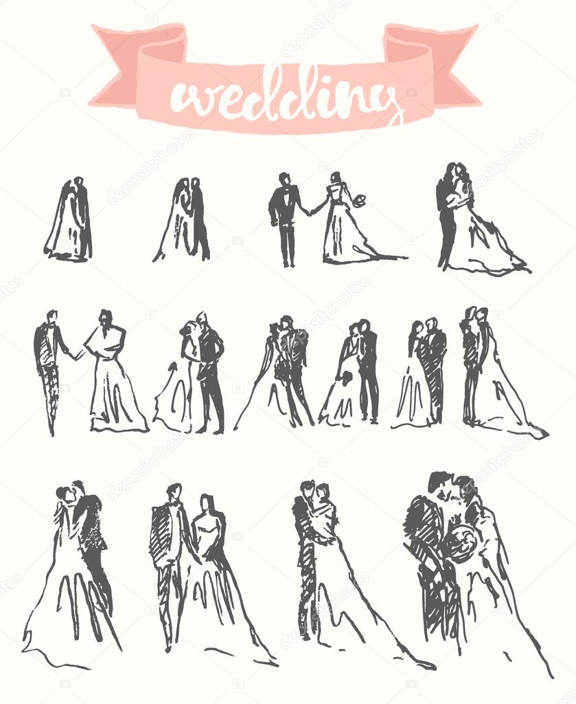 839x1024 Drawn Happy Bride Groom Vector Illustration Sketch Stock Vector
