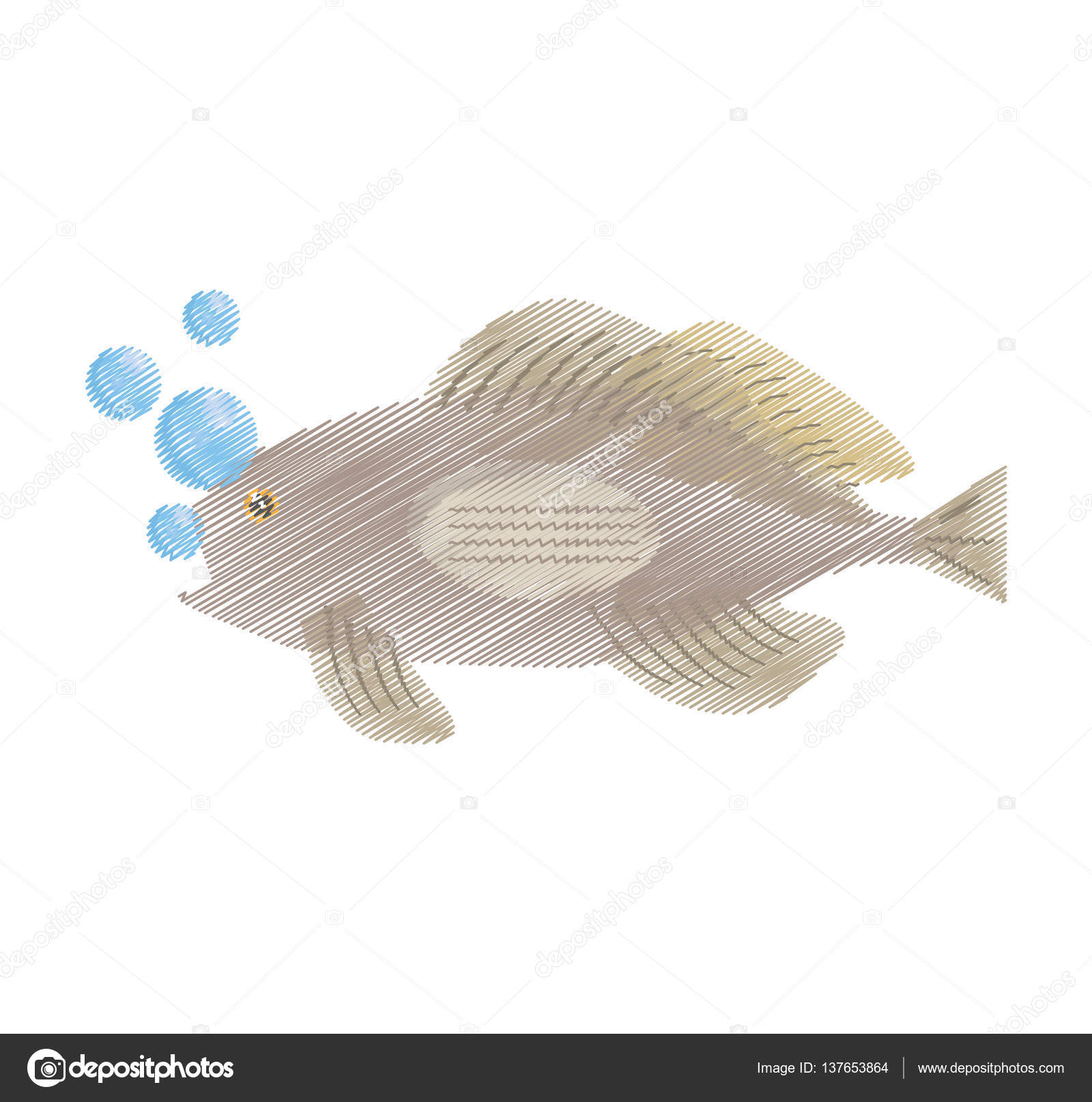 1600x1615 Hand Drawing Grouper Fish Side View Sea Life Bubbles Stock