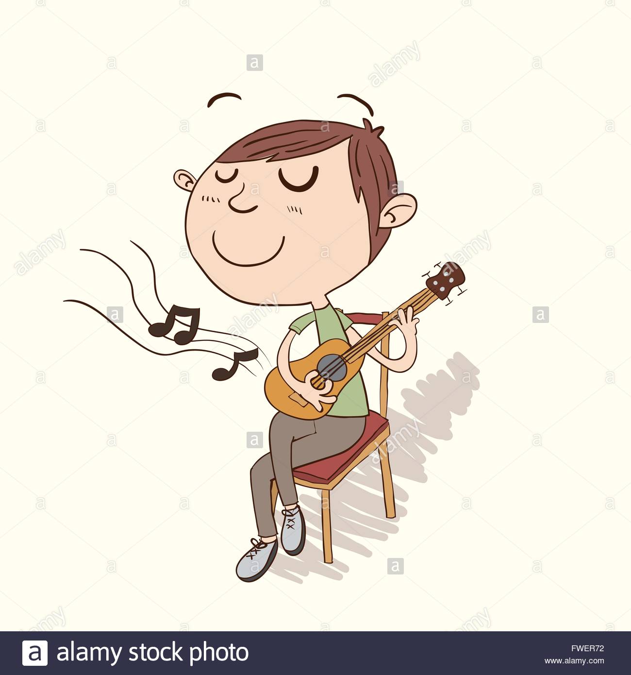 1300x1390 Cartoon Boy Sitting And Playing Guitar In Hand Drawing Style Stock