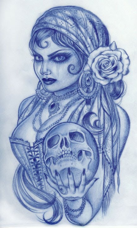 443x735 Gypsy Woman Holding Skull Tattoo Design Tattoo Love