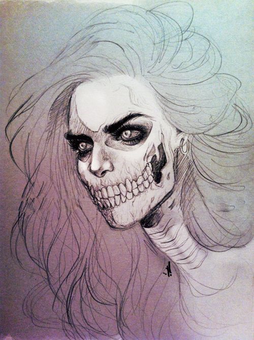 500x669 Skeleton Girl Drawing With Watercolour Hair Art
