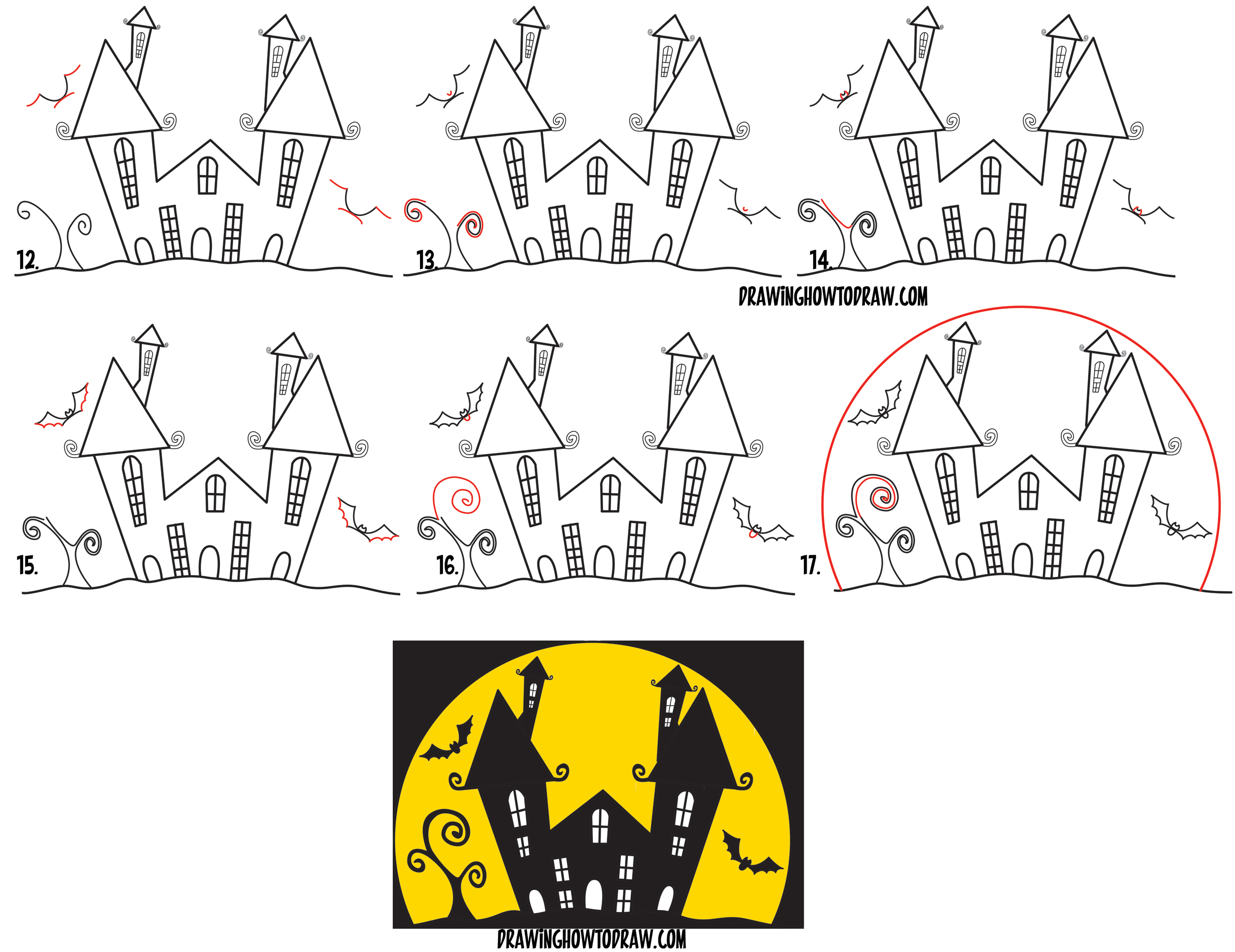 2500x1929 How To Draw A Cartoon Haunted House Step By Step In Silhouette