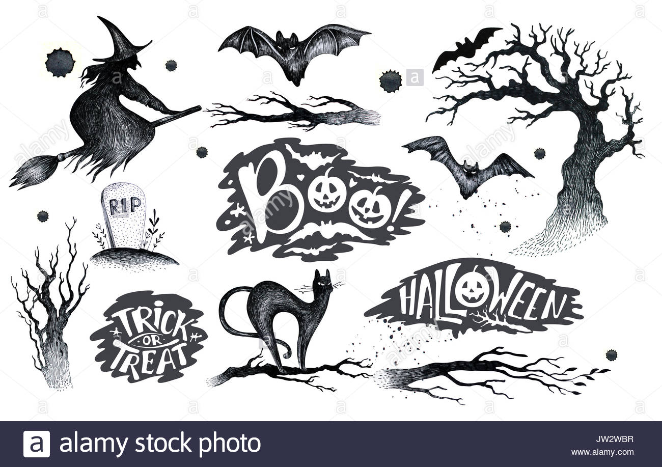 1300x917 Halloween Hand Drawing Black White Graphic Set Icon, Drawn