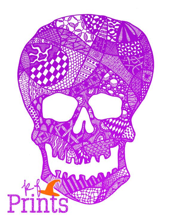570x738 Purple Skull Zentangle Halloween Drawing Spooky Decor By Kfprints