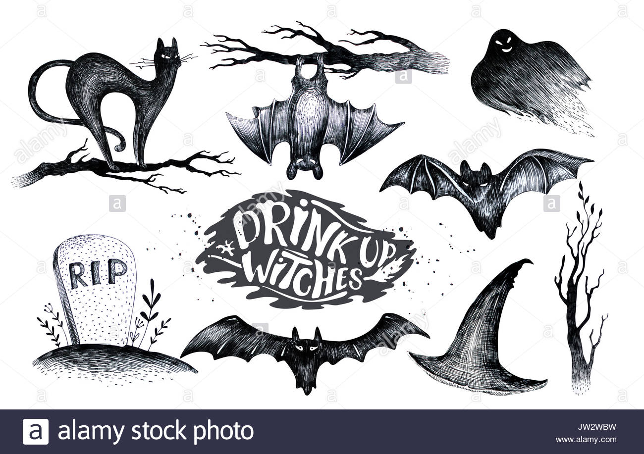 1300x917 Halloween Hand Drawing Black White Graphic Set Icon, Drawn