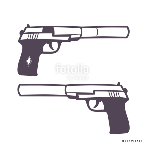 500x500 Hand Drawn Pistol With Silencer, Handgun On White, Vector