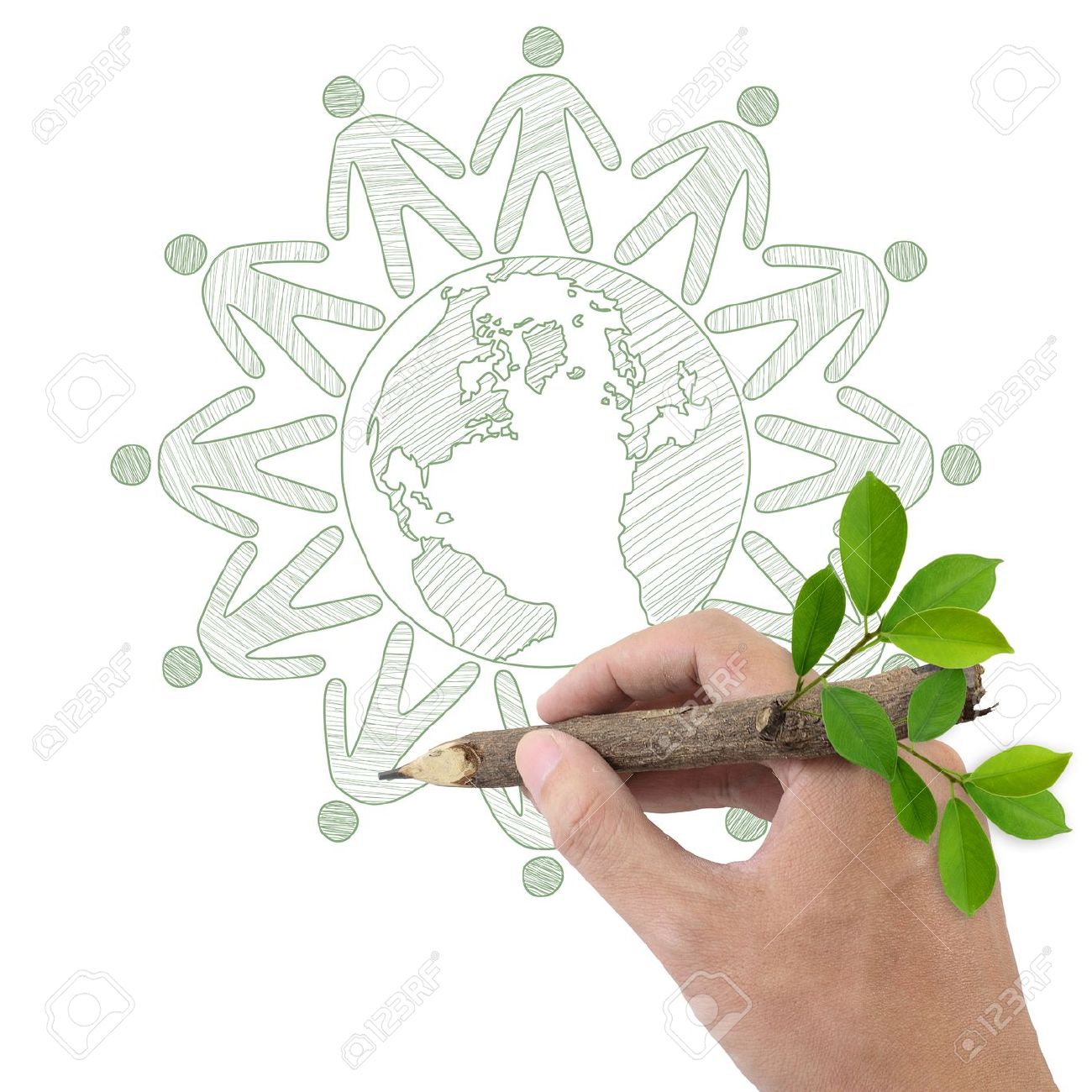 1300x1300 Male Hand Drawing People Joined Hands Around The Earth Stock Photo