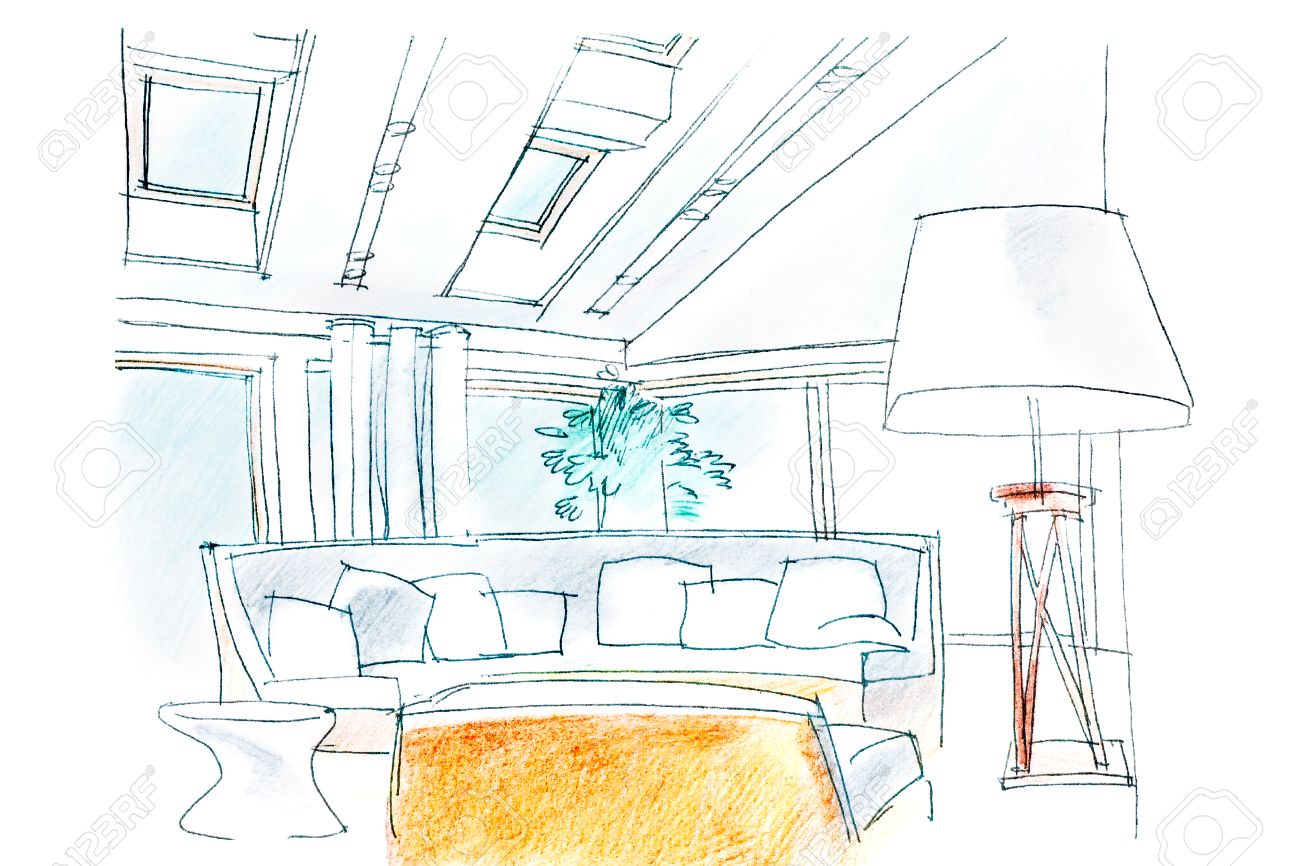1300x866 Hand Drawing Interior Perspective Of Modern Living Room Stock