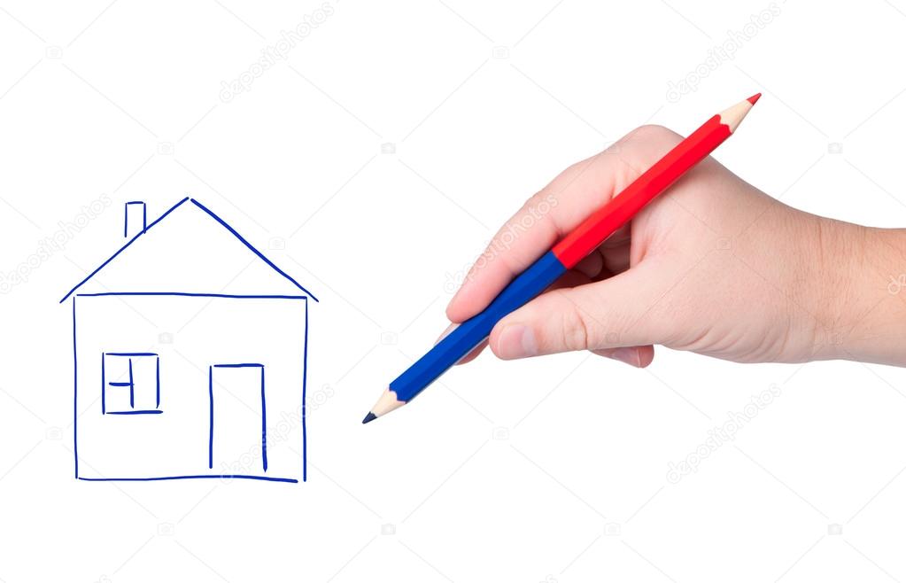 1023x658 Hand With Pencil Drawing House. Stock Photo Borysshevchuk