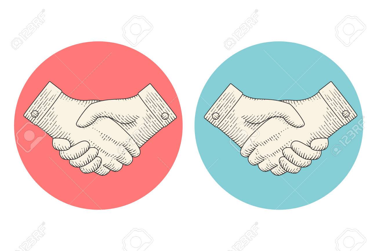 1300x866 Vintage Drawing Icons Of Handshake Or Contract Agreement Symbol