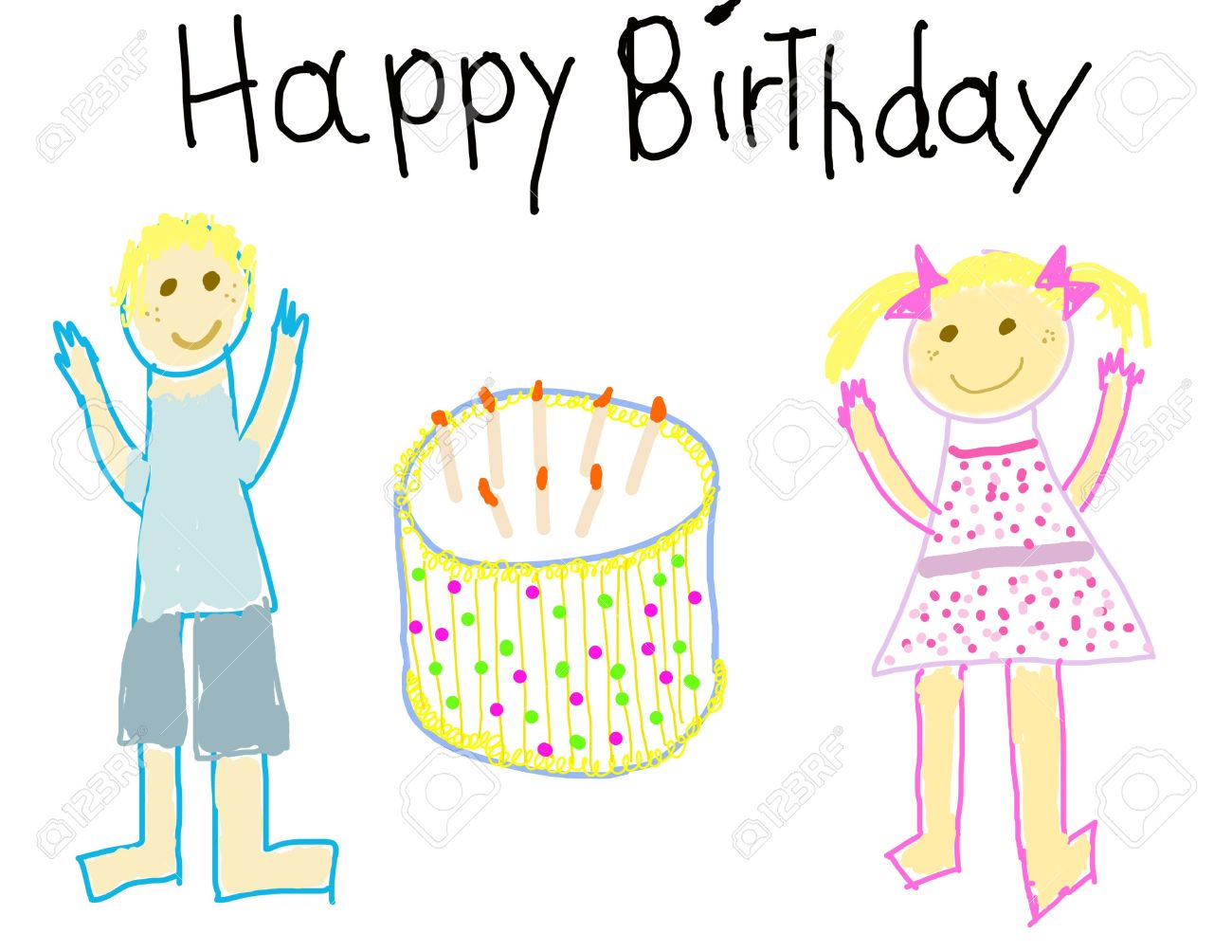 1300x1004 Child Like Drawing Of A Boy Amp Girl With Happy Birthday Stock Photo