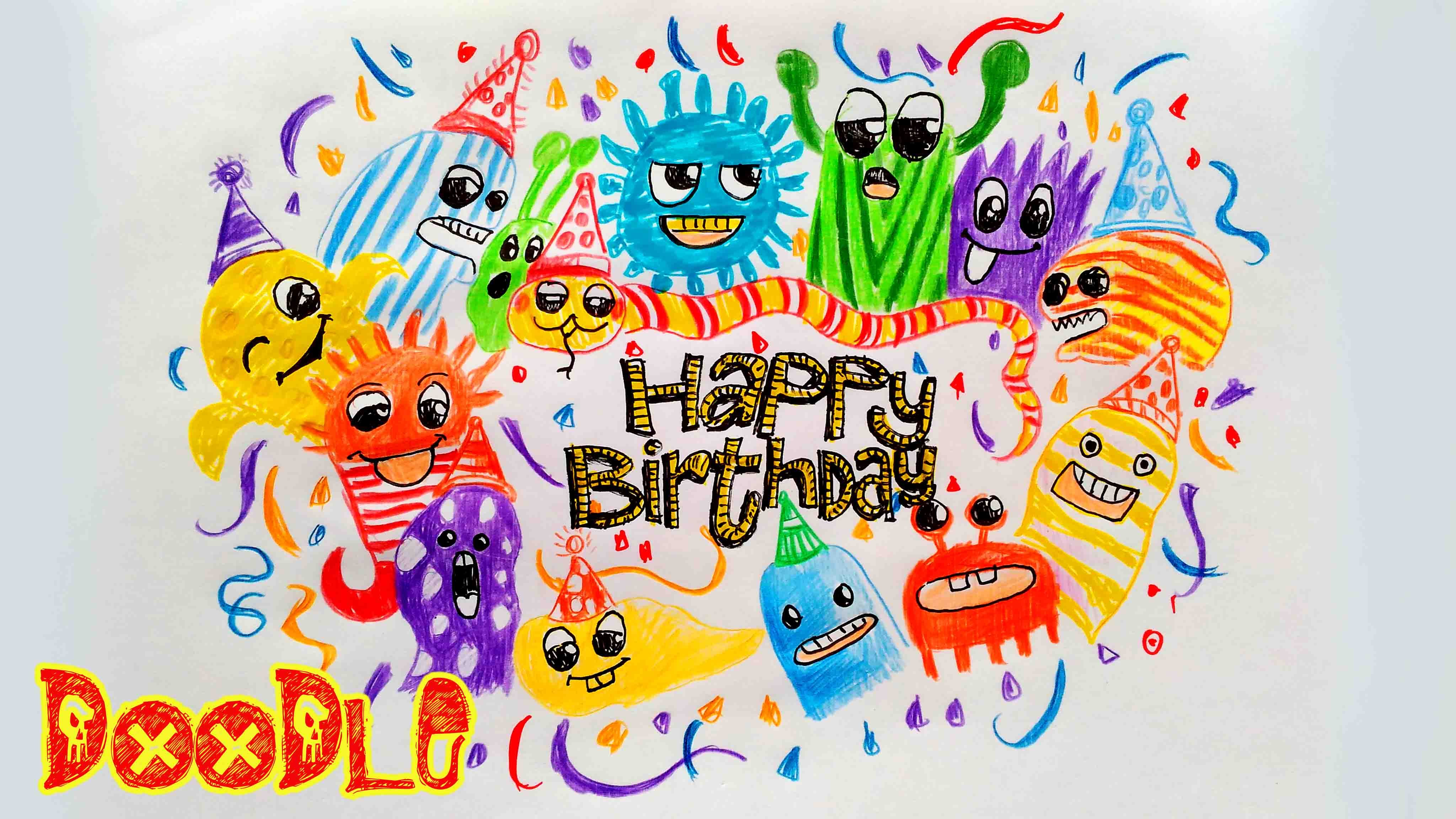 4096x2304 Drawing Doodle Name, Text Happy Birthday Draw Doodle Monster