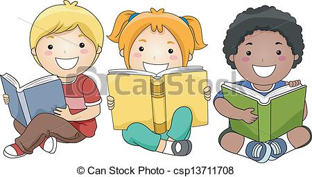 450x256 Children Reading Books. Illustration Of Happy Children Vector