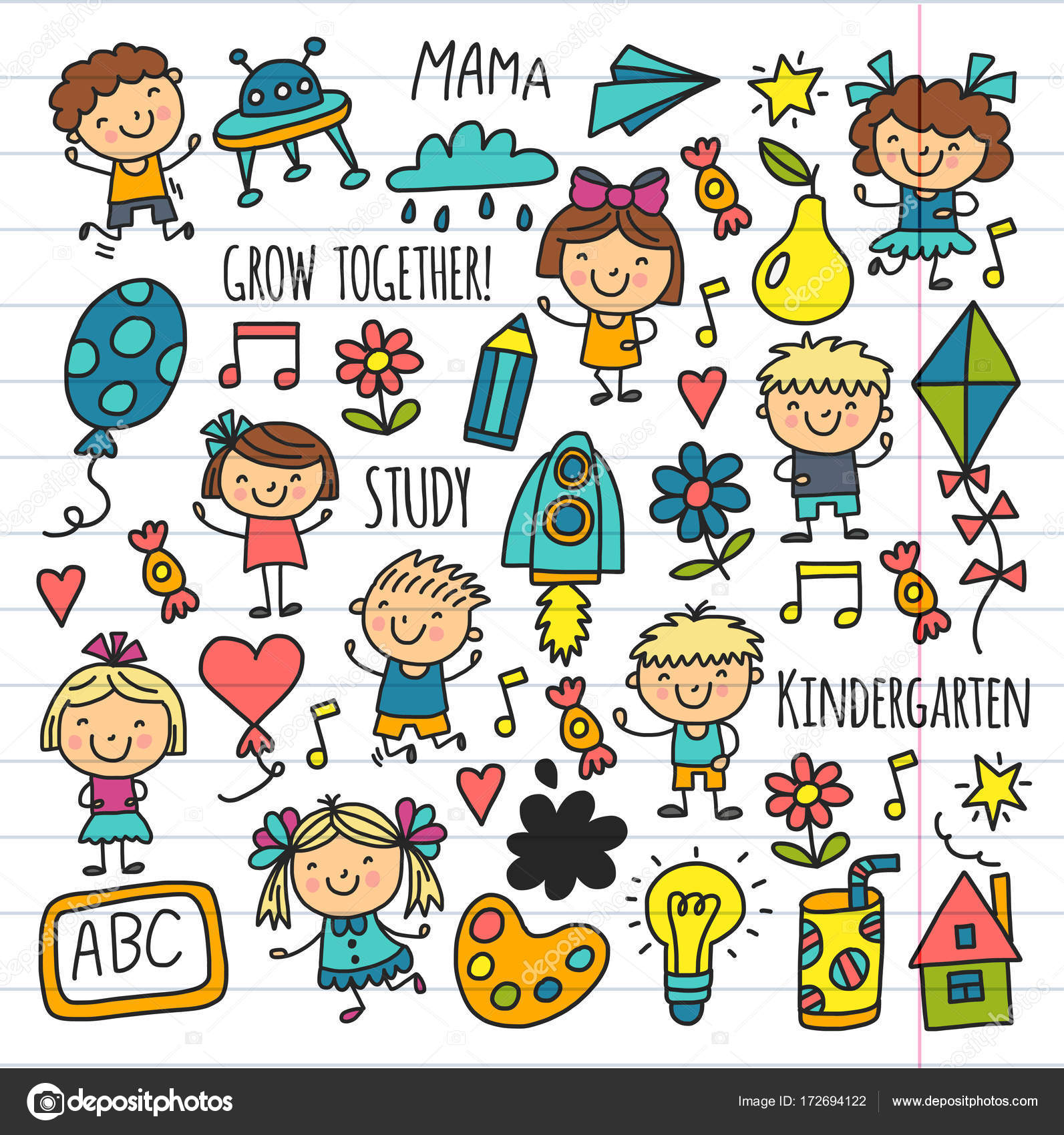 1593x1700 Kids Drawing Kindergarten School Happy Children Play Illustration