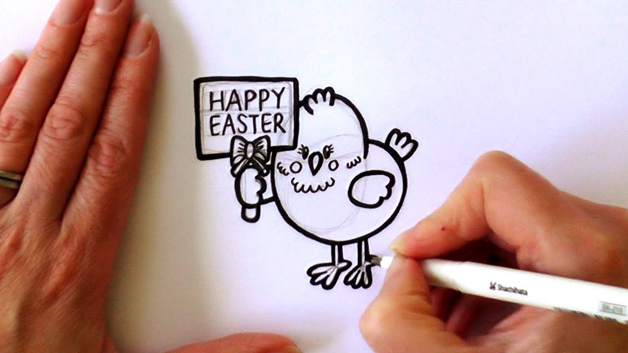 1280x720 How To Draw A Cartoon Easter Chick Holding A Happy Easter Sign