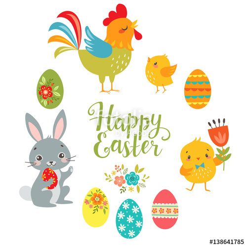 500x500 Set Of Cute Easter Design Elements Bunny, Chicks, Rooster, Eggs