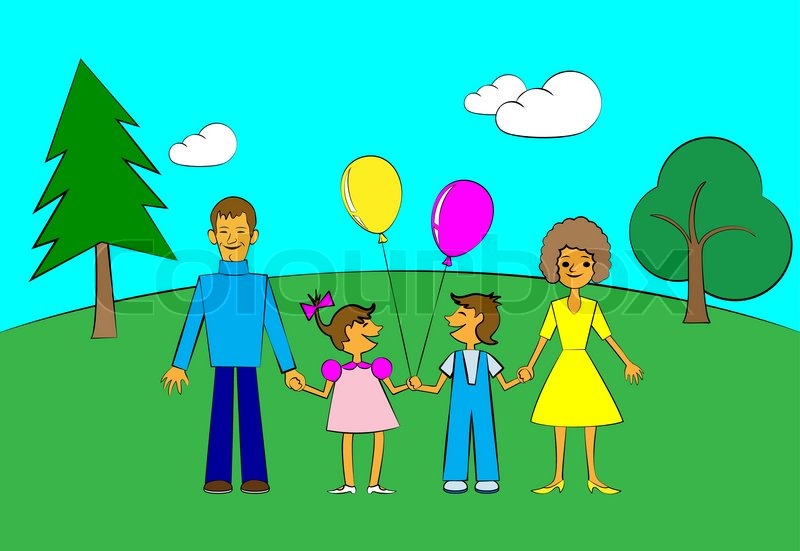 800x551 Happy Family In Style Of Children's Drawing. No Gradient. Stock