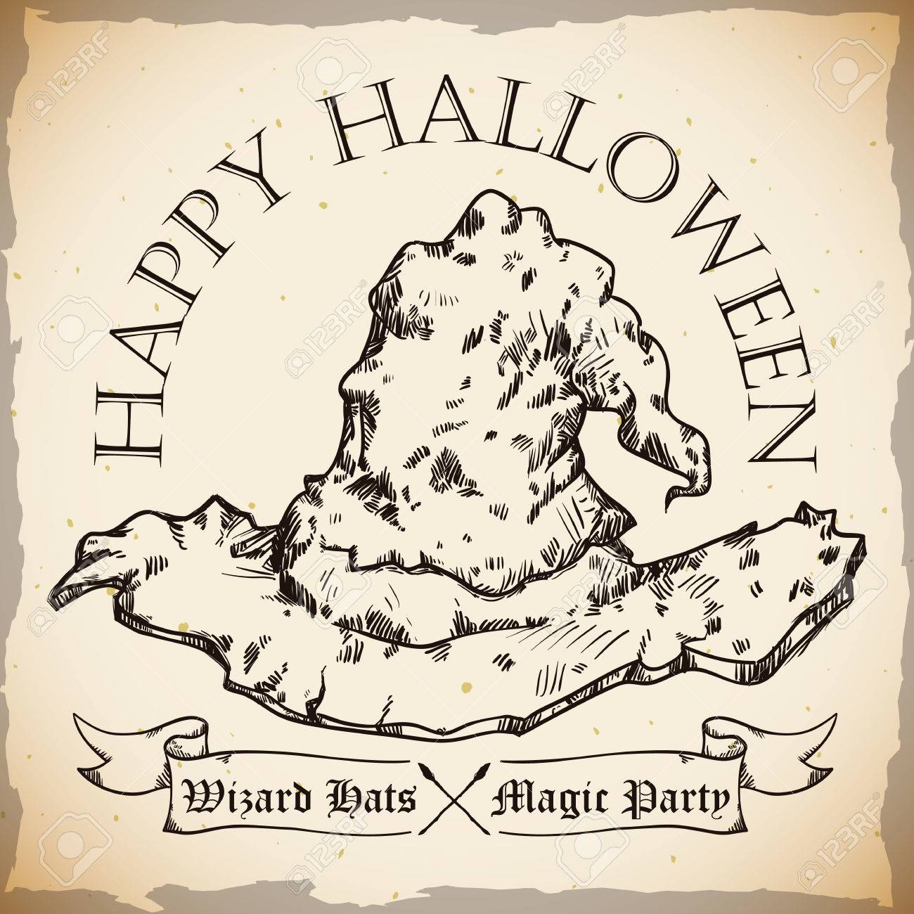 1300x1300 Hand Draw Old Style Wizard Hat Happy Halloween Poster Royalty Free