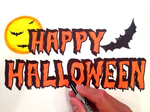480x360 How To Draw Happy Halloween With A Moon And Bats!