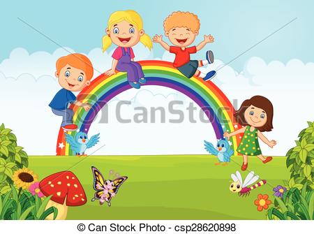450x335 Vector Illustration Of Cartoon Happy Kids Sitting On Rainbow