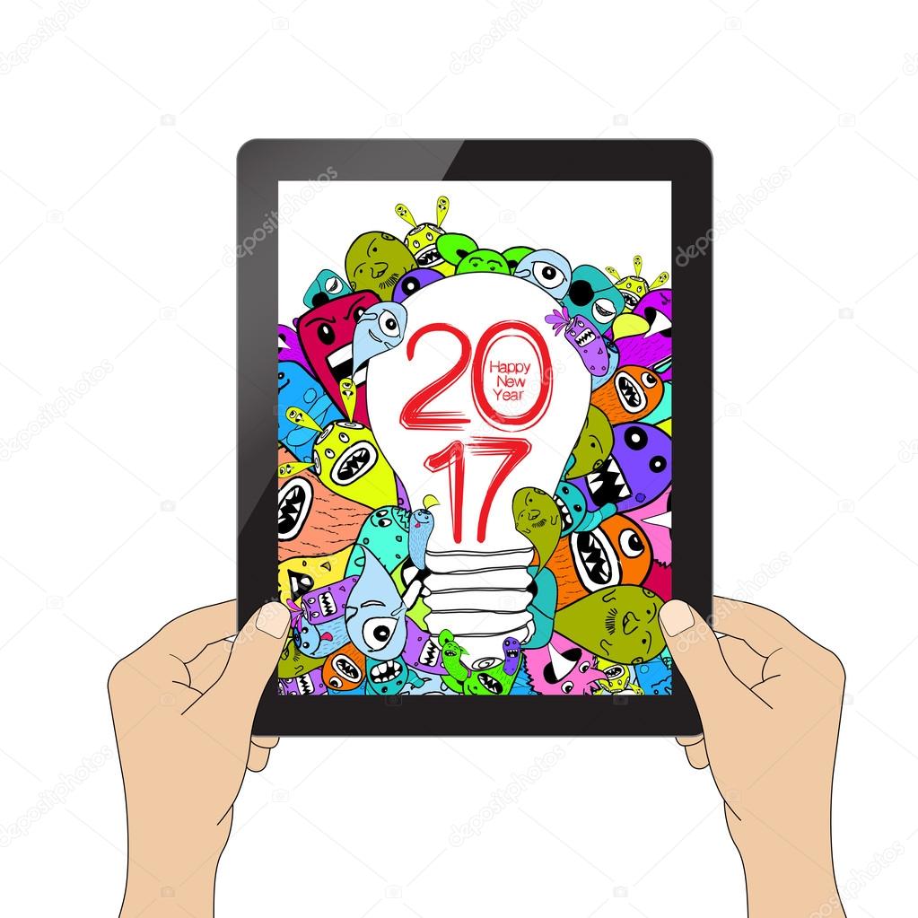 1023x1023 Happy New Year 2017. Hand Drawing Doodle Monsters Stock Vector