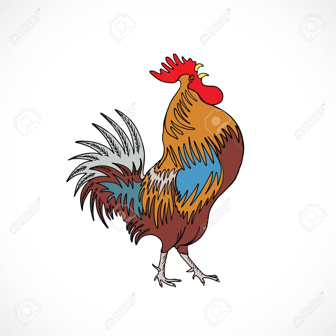 1300x1300 Rooster In Color, Hand Drawing Cock On White. Chinese Zodiac