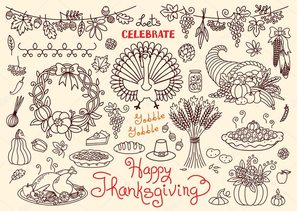 1023x725 Lets Celebrate Happy Thanksgiving Doodles Set. Traditional Symbols