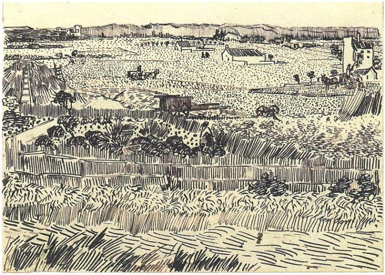750x536 Drawing (Harvest At La Cra, With Montmajour In The Background) By