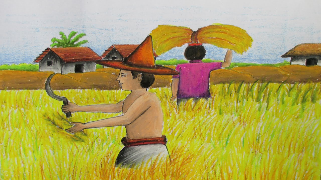 1280x720 How To Draw A Village Landscape Where Farmers Harvesting Paddy